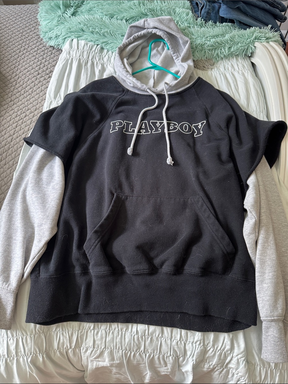 PLAYBOY Black & Gray Layered Crewneck Hoodie Sweater